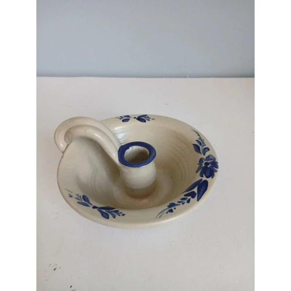Vtg Williamsburg Pottery Salt Glazed Blue Stencil  Crock Candlestick Holder